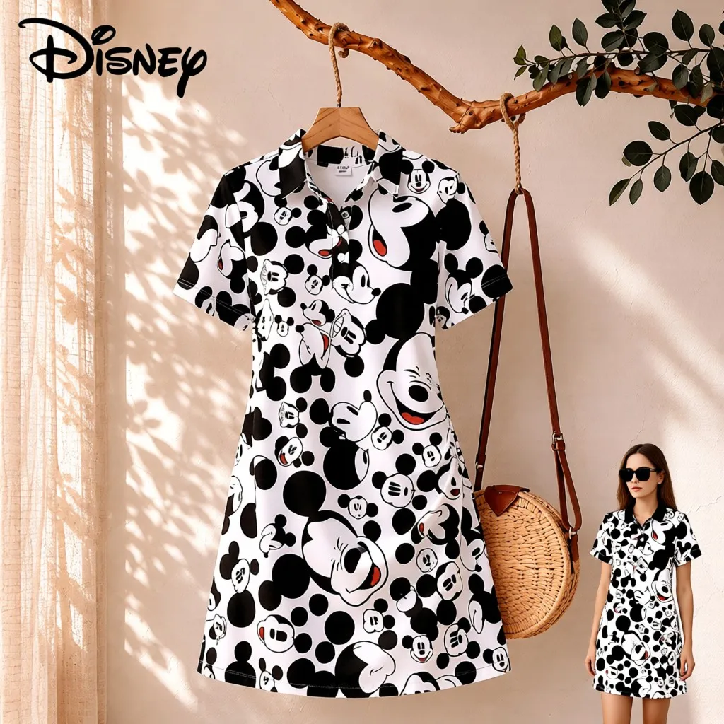 Ropa para mujer, vestido con cuello tipo polo con estampado de Mickey Mouse de Disney, vestido elegante para fiesta 2026, vestido informal de Anime Cuteore Minnie