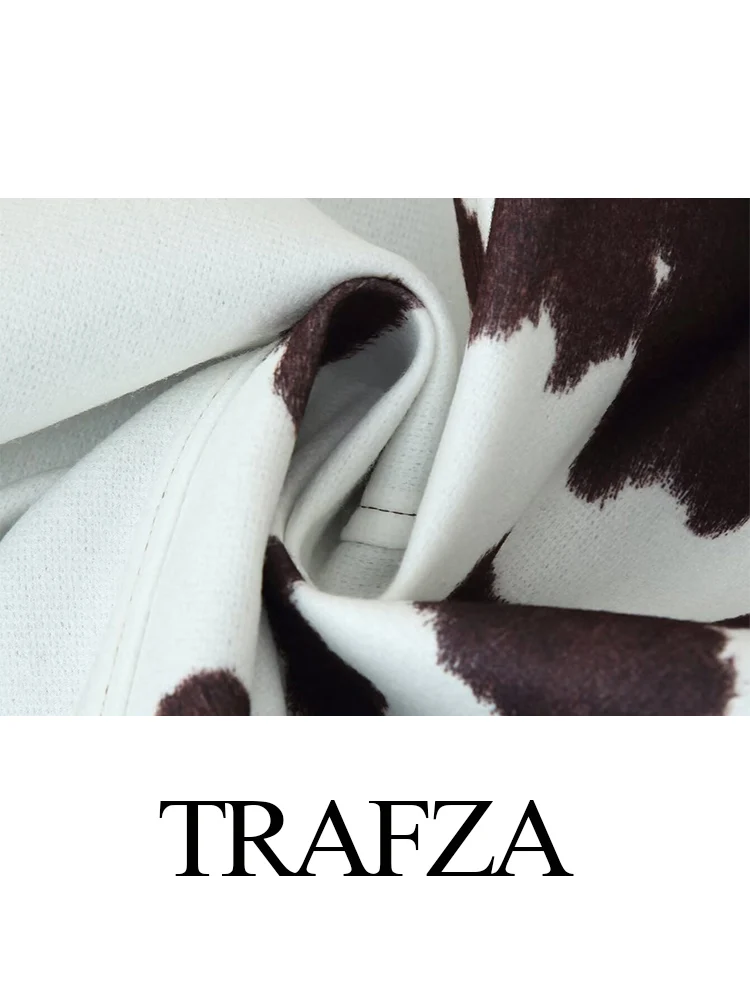 

TRAFZA Women's Autumn Vintage Cow Pattern Print Jacket Female High Street Casual Covered Button Lapel Long Sleeve Woolen Jacket