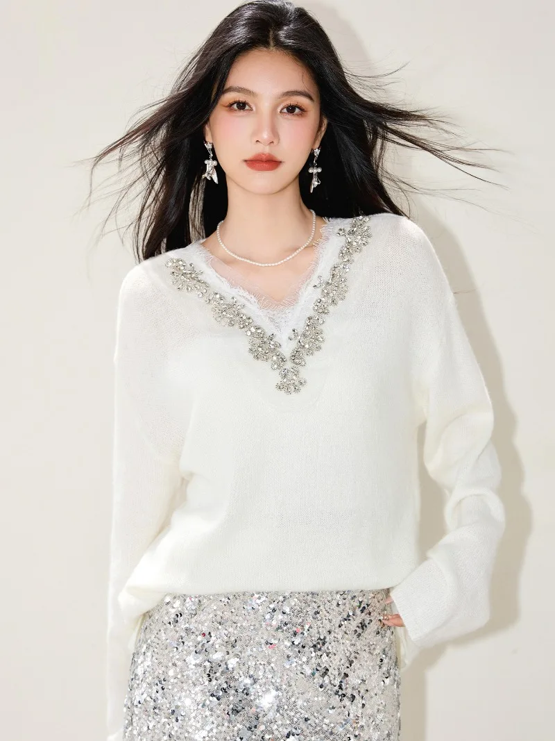 

2025 New Autumn Soft Lace Diamonds Knitted Sweater Women's V-neck Long Sleeve Lazy Style Casual Loose Pullovers Sweaters Jumpers