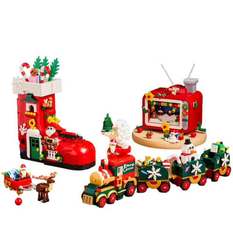 

Рождественская серия: Ретро-телевизор, модель ретро-поезда, собранные строительные блоки, игрушечная модель