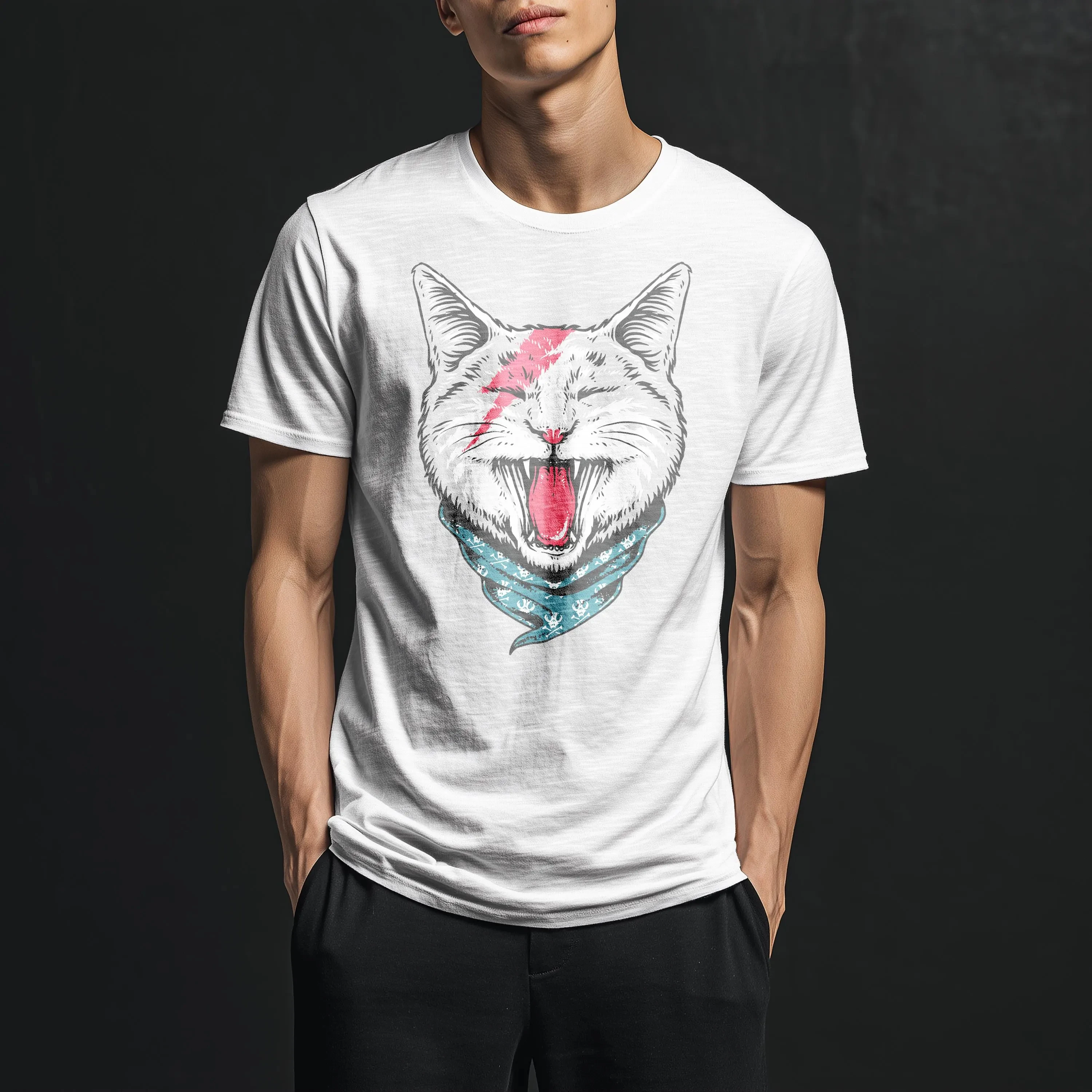 Bowie Cat Tribute Tee Glam Rock Cat Tee David Bowie Lightning Bolt Inspired Graphic Shirt Alternative Music Icon Streetwear Top