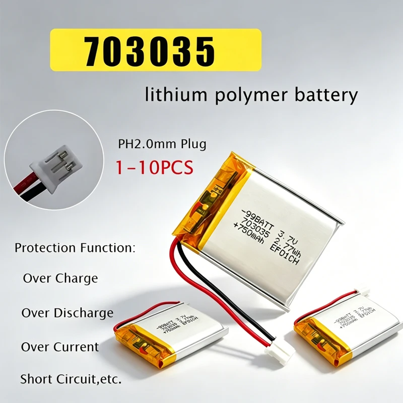 703035 Battery 3.7V 750mAh LiPo Rechargeable Polymer Lithium Batteries for Beauty Equipment GPS LED Lights Digital Products