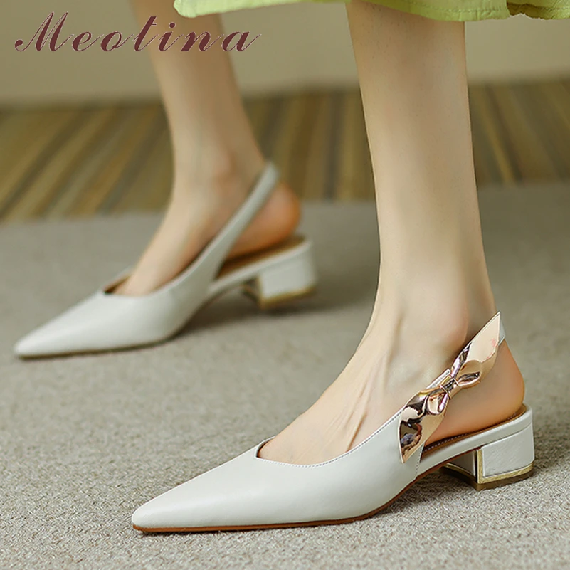 

Meotina Women Genuine Leather Pointed Toe Chunky Mid Heel Slingbacks Pumps Bow Shallow Concise Heels Ladies Autumn Shoes Apricot