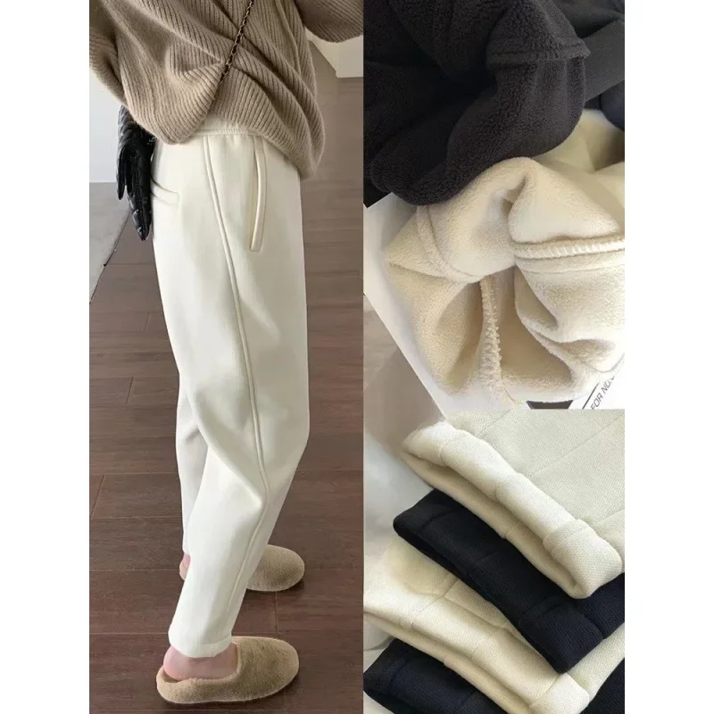 Beige Casual Pants Women Autumn Winter High Waist Fleece Lined Ladies Carrot Pants Slimming Harlan Grandma