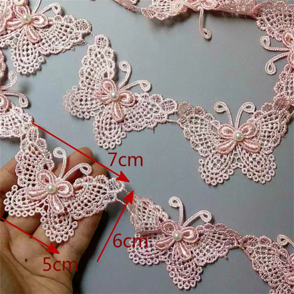 2 Yard Pink Butterfly Pearl Embroidered Lace Trim Ribbon Applique Sewing Craft Crochet Fabric Edging Trimmings Wedding