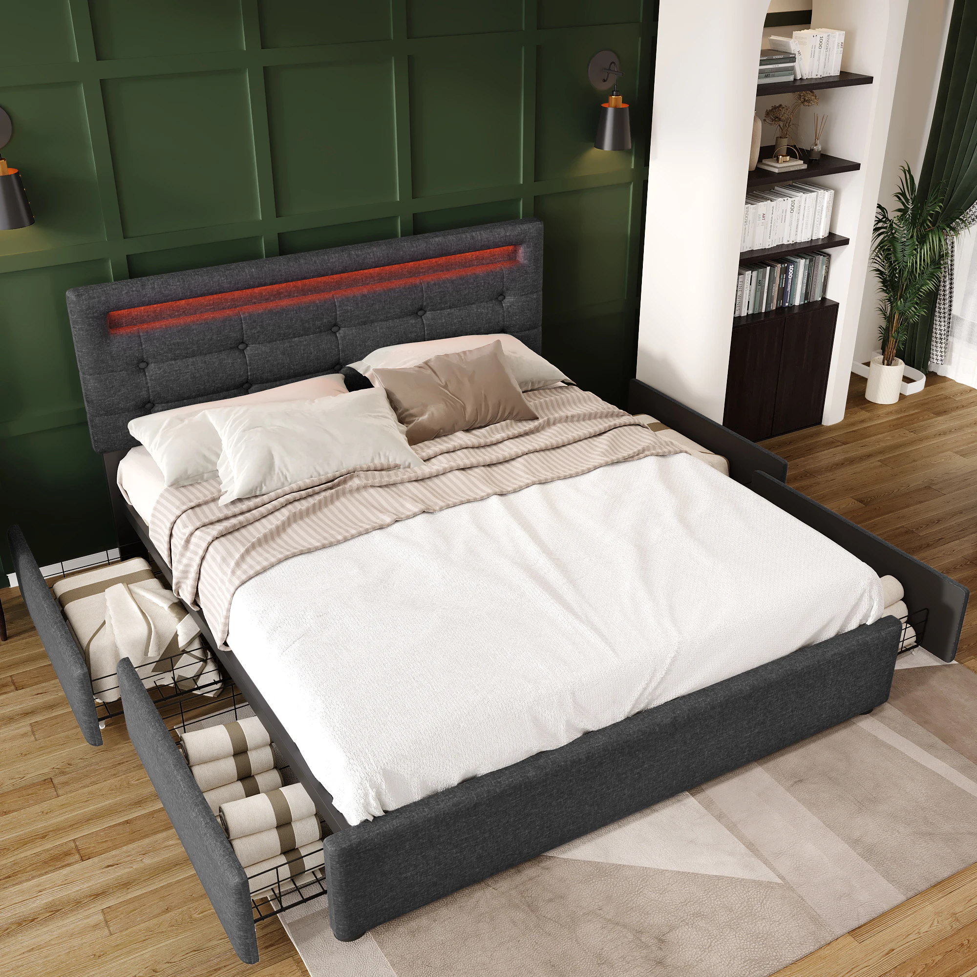 Lit avec rangement 140x200 cm LED et 4 tiroirs sans matelas Gris