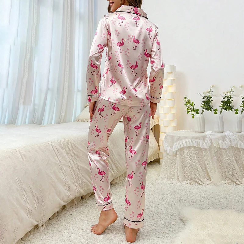 Set pigiama in raso da donna Flamingo Print Sleepwear autunno manica lunga colletto con risvolto Top e pantaloni pigiama Loungewear pigiama Femme