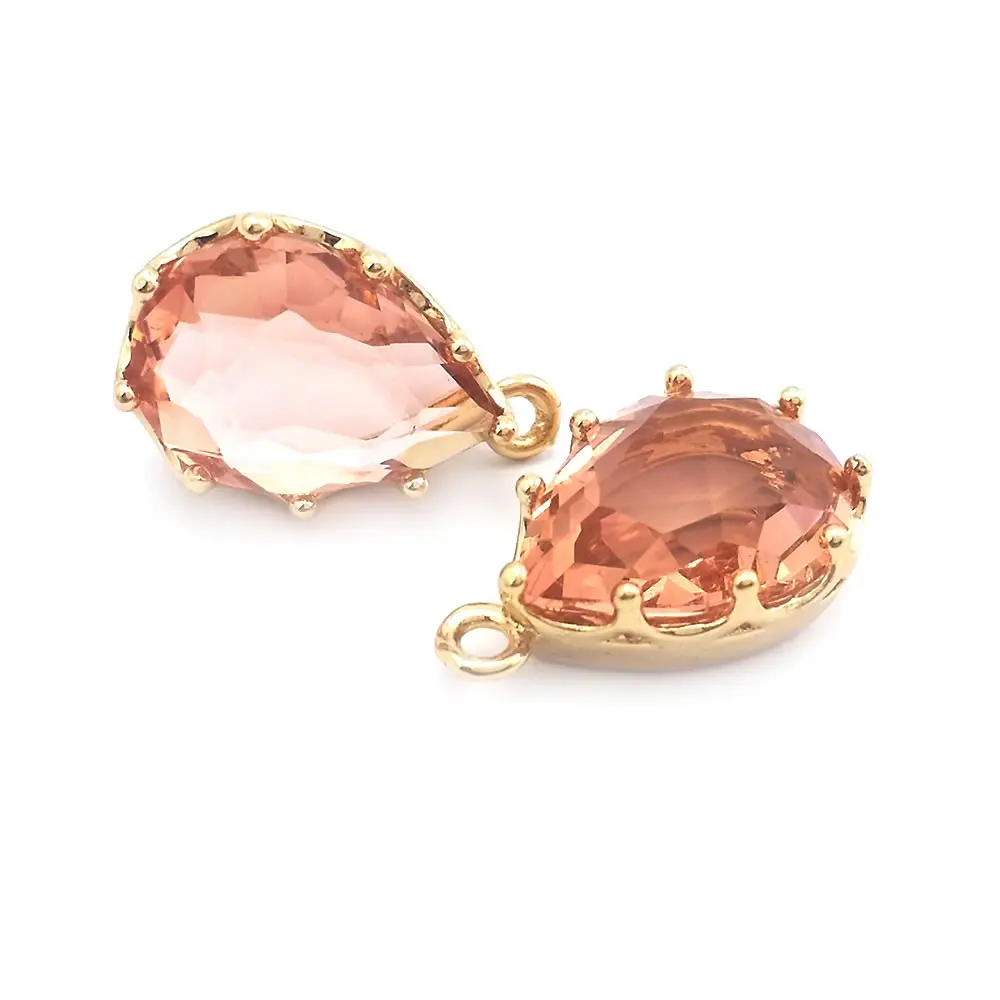 6PCS 18x11MM 22x14MM High Quality Champagne Gold Color Brass and Glass Tear Drop Shape Colourful Glass Beads Charms Pendants