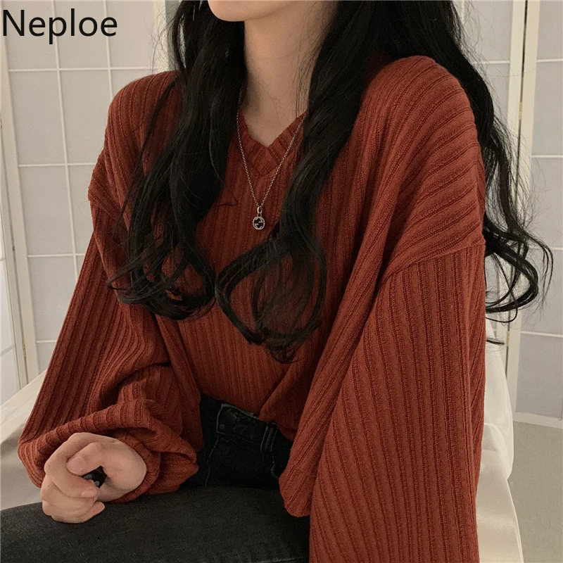 Neploe V Neck Lantern Long Sleeve Knit Pullover Sweater Women Retro Loose Crazy Style Short Mutlicolor Pull Femme Autumn 48271