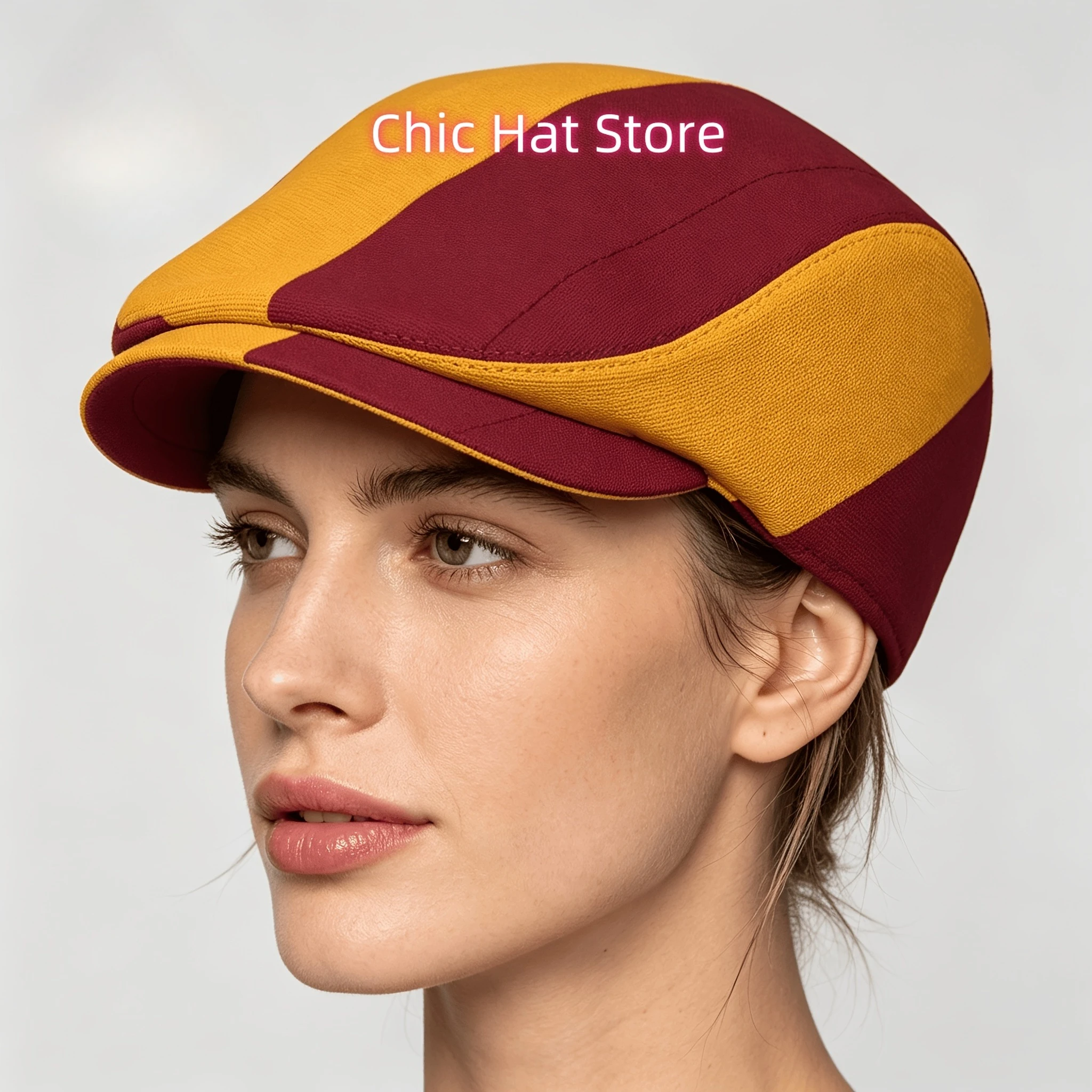 Yellow Maroon Split Pattern All-Over Print Flat-Top Hats for Men And Women, Newsboy Caps, Berets, Irish Hats, Driver Caps, Retro