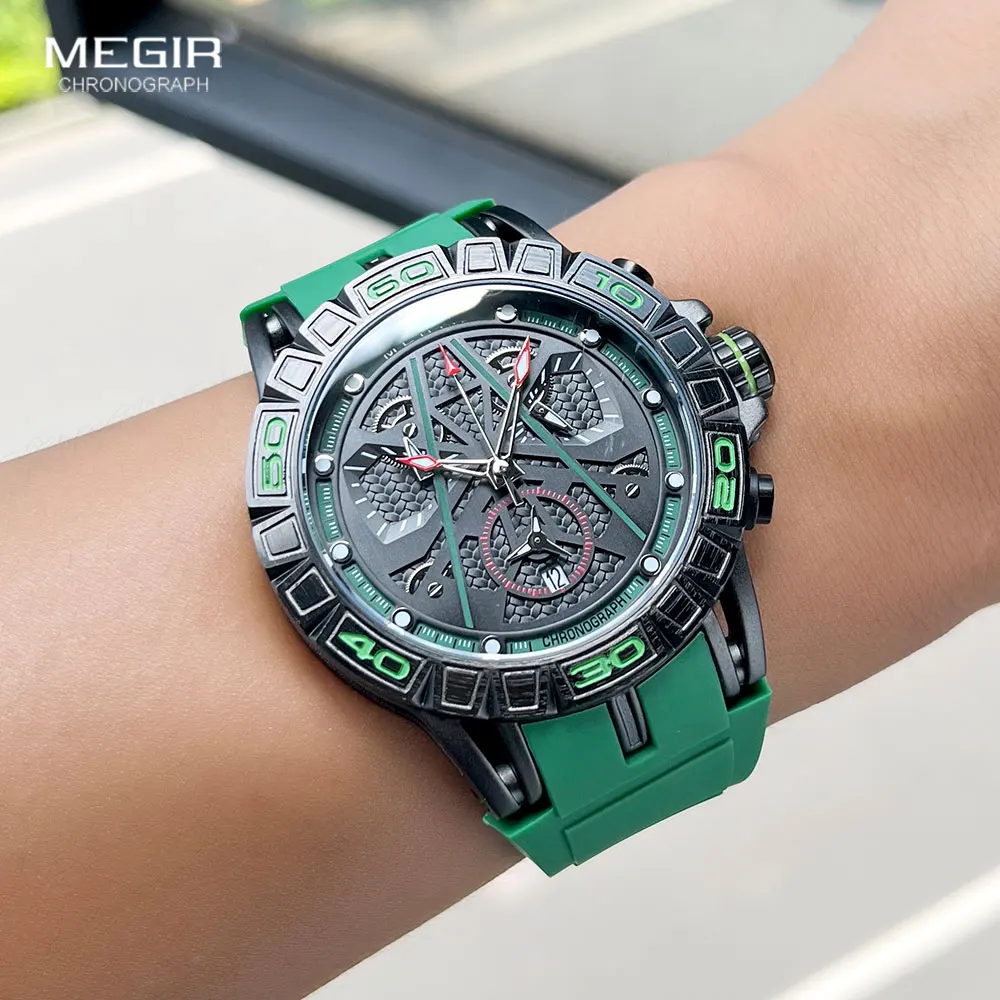 MEGIR Analog Quartz Watch for Men Fashion Silicone Strap Chronograph Waterproof Wristwatch with Auto Date Luminous Hands Green