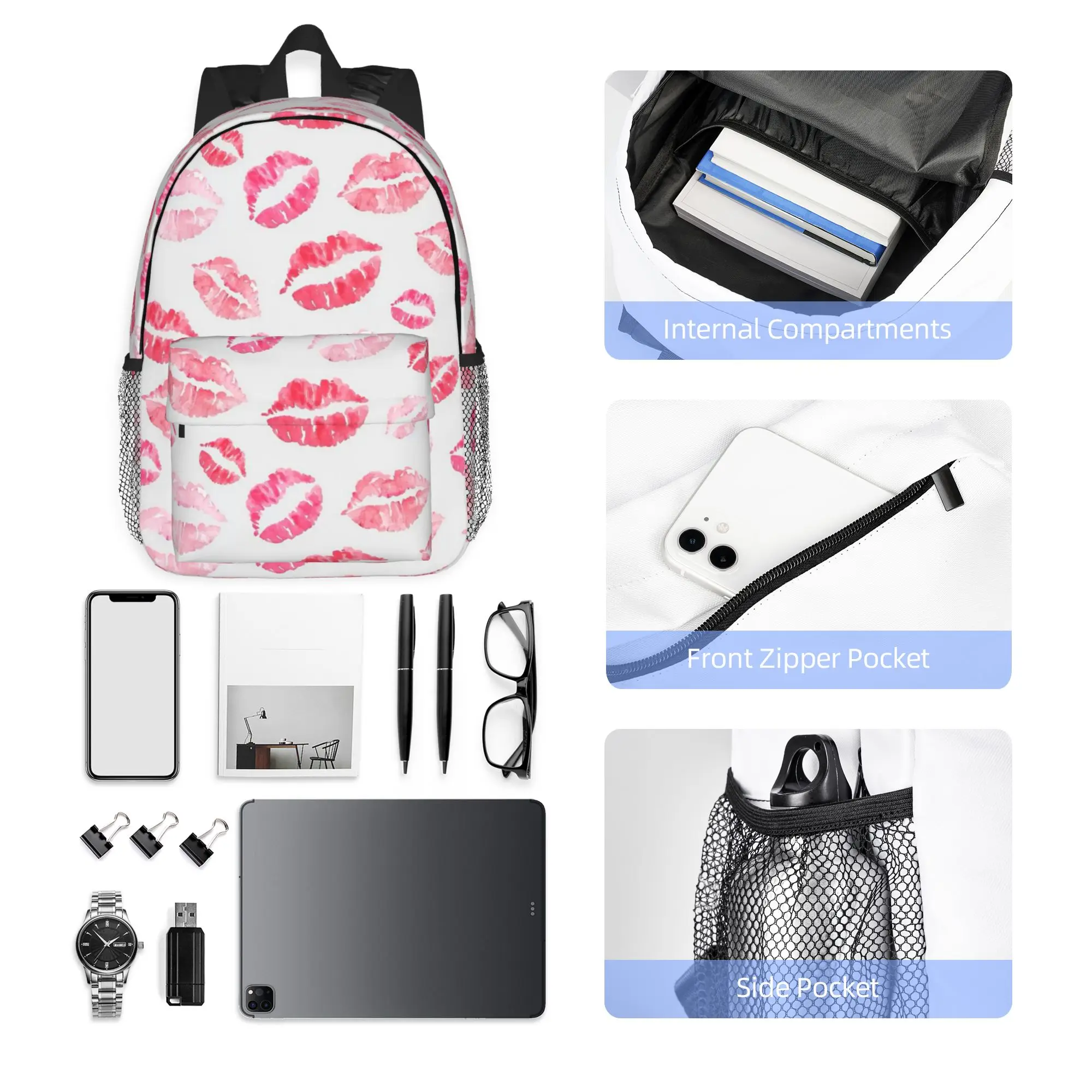 Cute Pink Boho Lip Print Pattern Backpack Hot Sale Daypack Large Capacity Boy Girl BookBag Shoulder Bag for Men Women School Bag