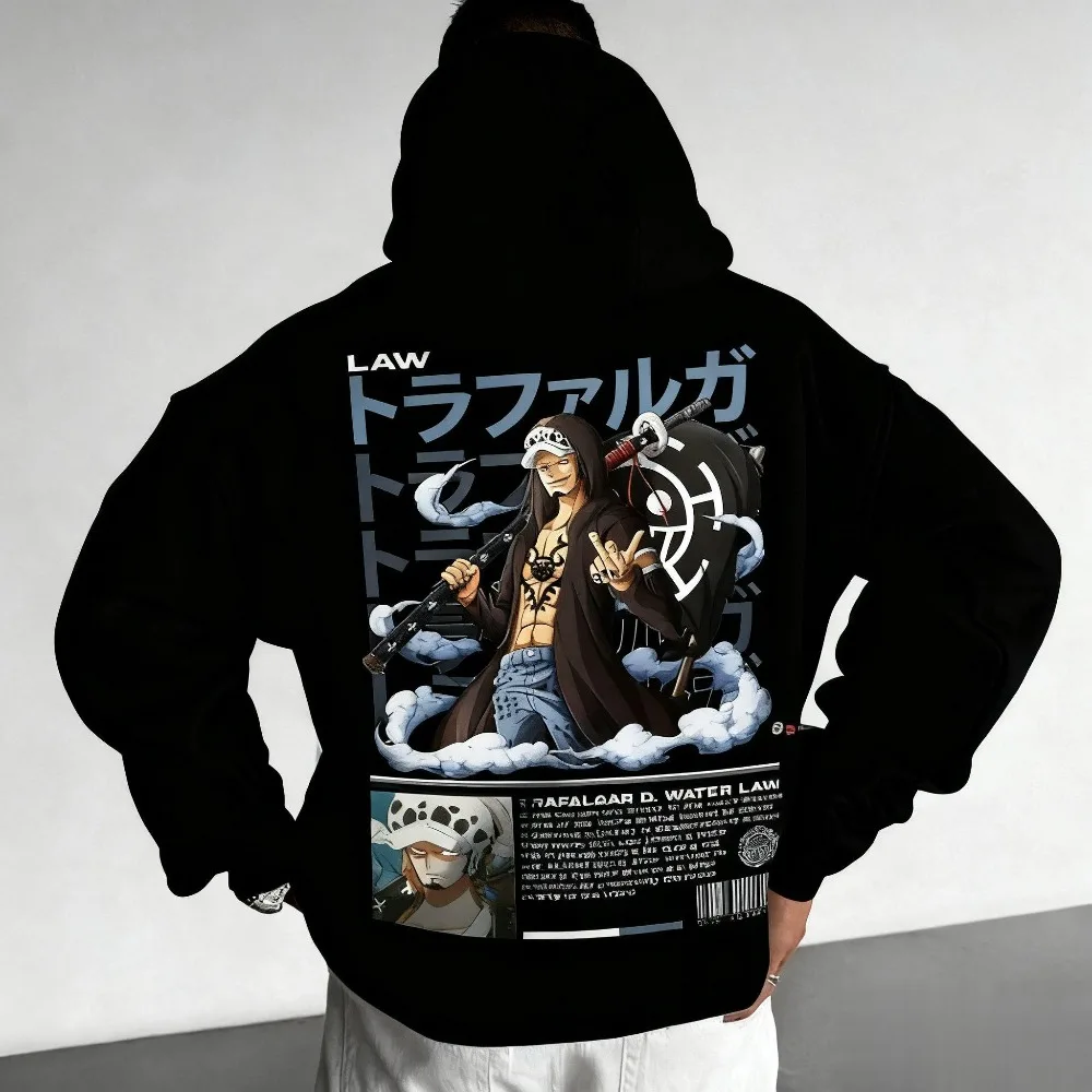เสื้อฮู้ดลายการ์ตูนวันพีซ ตราฟัลการ์ ลอว์ สีดำ สไตล์ลำลองสำหรับผู้ชาย แฟชั่นใหม่ประจำปี 2025 สำหรับฤดูใบไม้ร่วงและฤดูหนาว