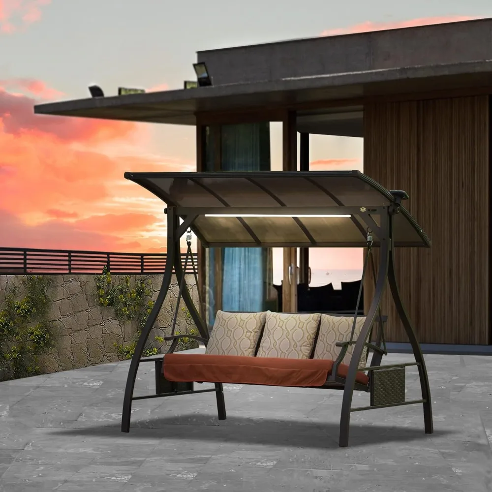 

Patio Porch Swing 3 Person Adjustable Canopy Deluxe Hammock Swing Glider with Solar LED Light and 3 Sunbrella Cushions for Outdo