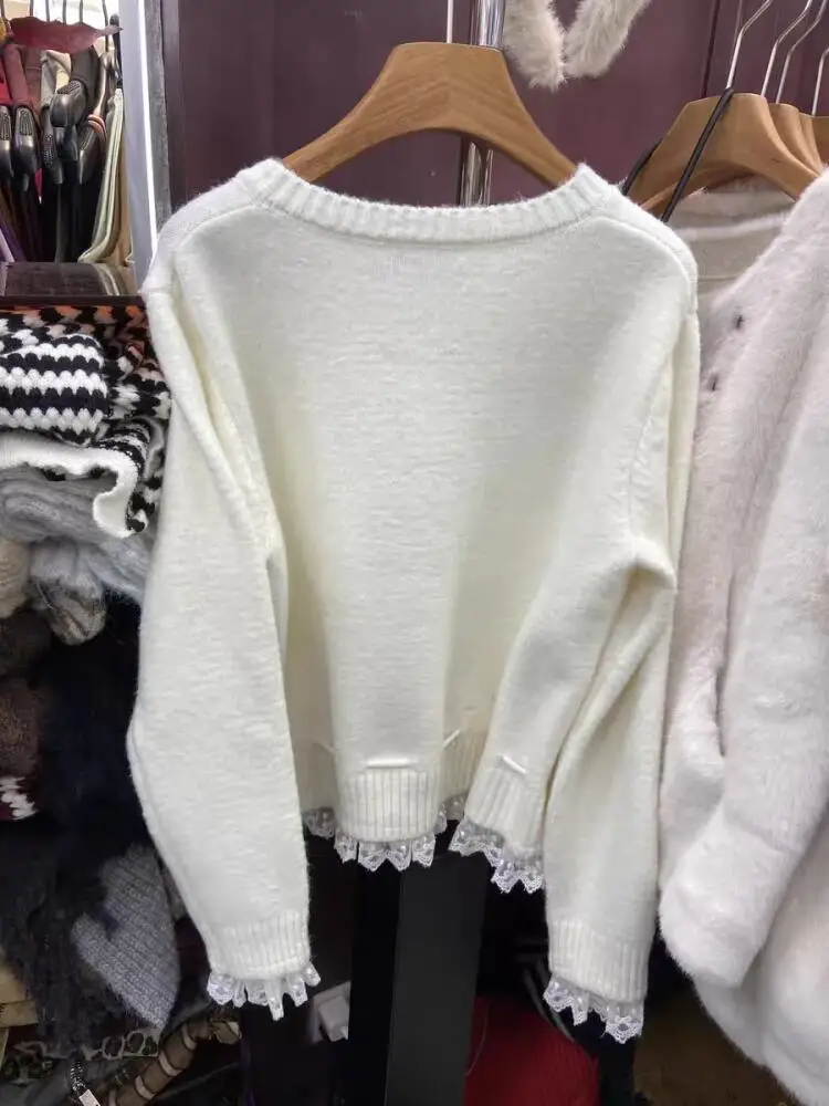 Cardigan coreano in pizzo dolce da donna primavera casual vestibilità ampia manica lunga girocollo top lavorato a maglia maglione legato in vita versatile