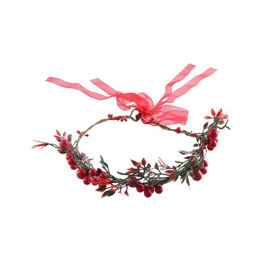 Party Hairband Cloth For Girls Christmas Headband Crown Flower Headband Wreath Decoration Red Berry Garland Women Headwear