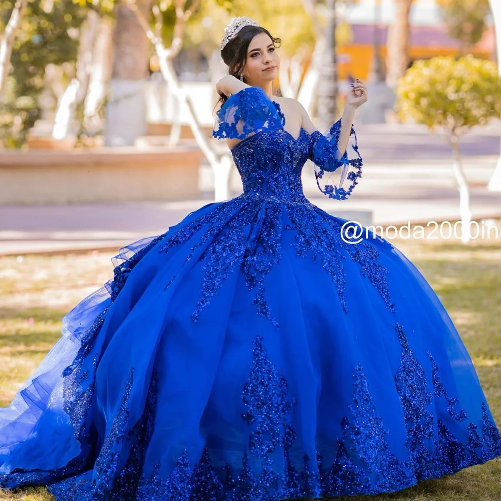 EVLAST-vestido De quinceañera azul real brillante, vestido De baile, apliques De encaje brillante, cuentas De cristal, corsé dulce 16, 15 años, TQD833