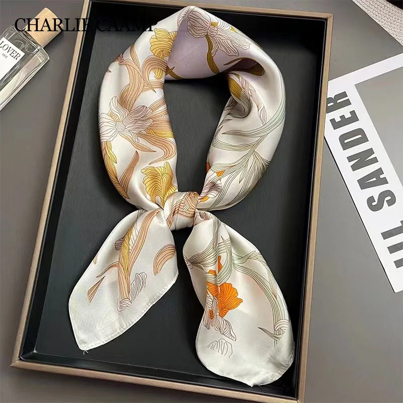 

New Beige Daffodil Silk Scarf 70cm Square Scarf Women's Spring Autumn Thin Bandana Fashion Mother Neck Scarves Handkerchief Head