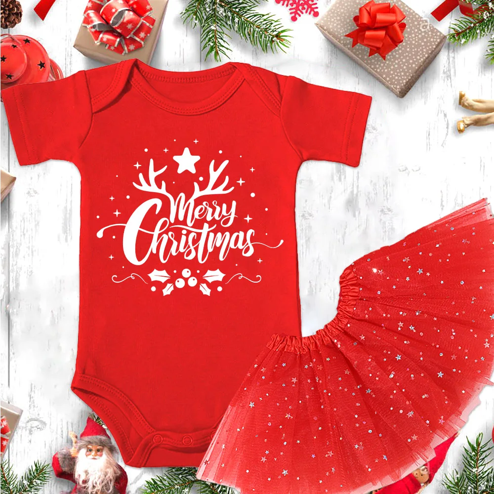 

Christmas Infant Bodysuits Baby Red Cotton Romper Dresses Girls Short Sleeve Playsuit Print Tutu Newborn Clothes Xmas Party Gift