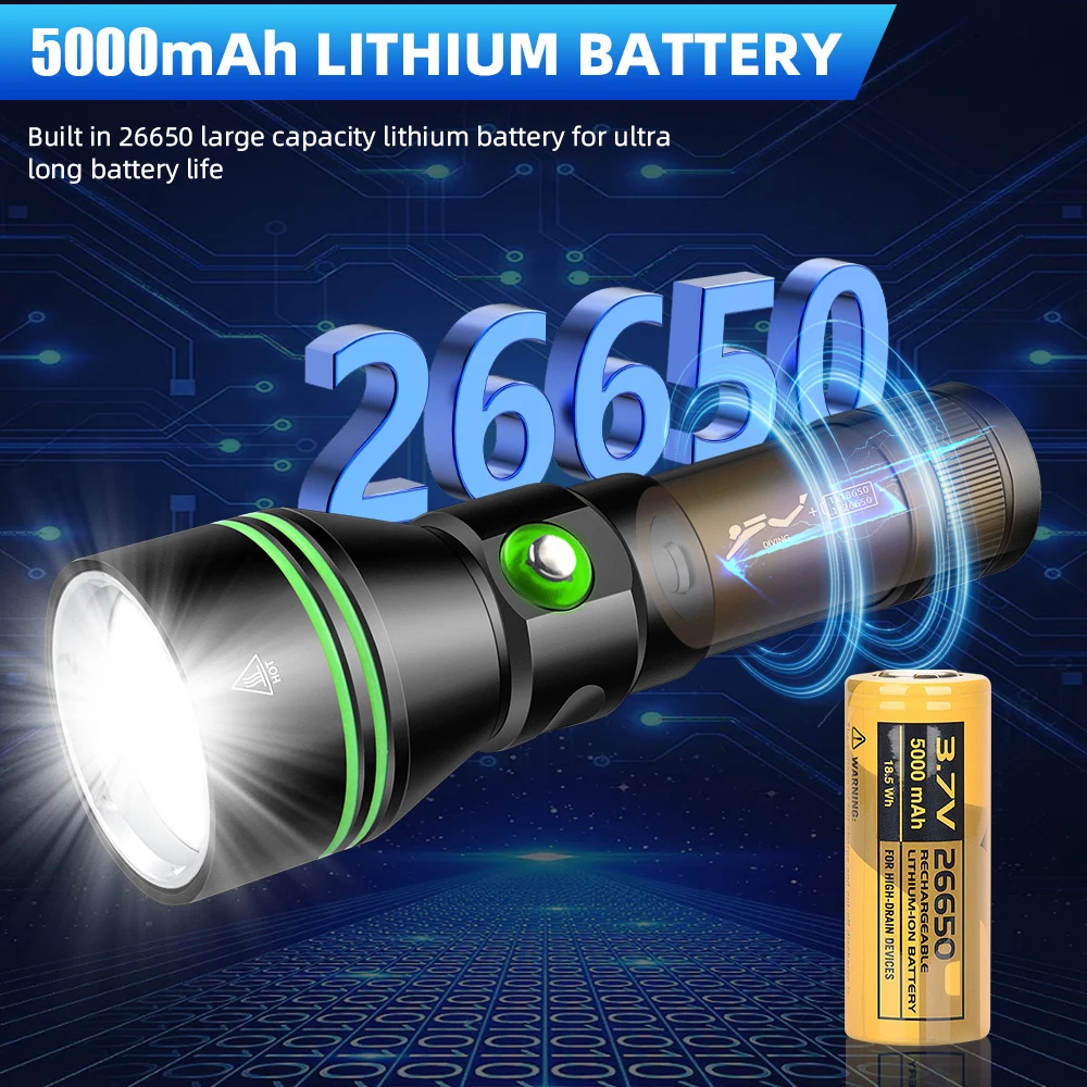 Powerful LED Diving Flashlight 3800LM XHP70 Professional Underwater Diving IPX8 Waterproof rating Lamp Using Using 26650 Battery