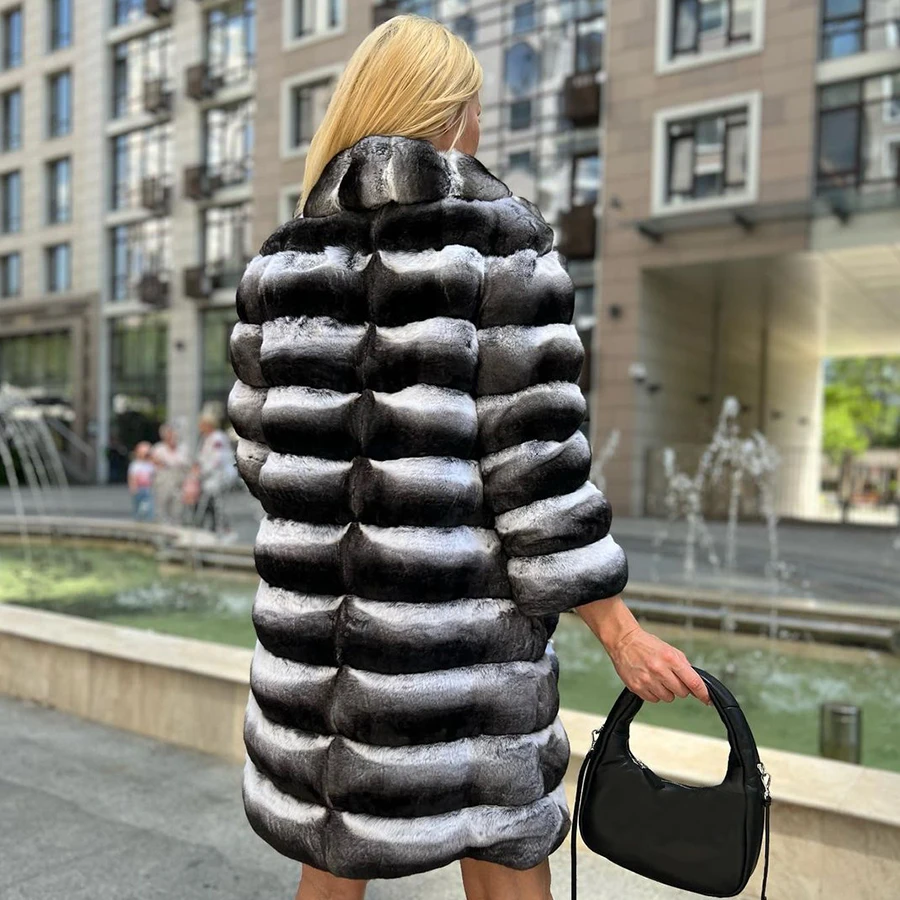 Chinchilla Real Fur Coat Women Luxury Long Natural Rex Rabbit Fur Coat Women Winter Jacket High Quality