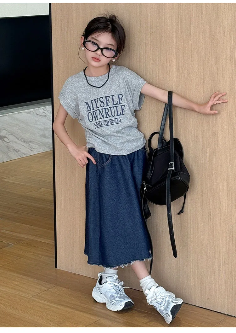 Mädchen passt Sommer neue Mode Netz roten Jeans rock große Kinder süße Kurzarm Sommerkleid zweiteilige Set Kleidung