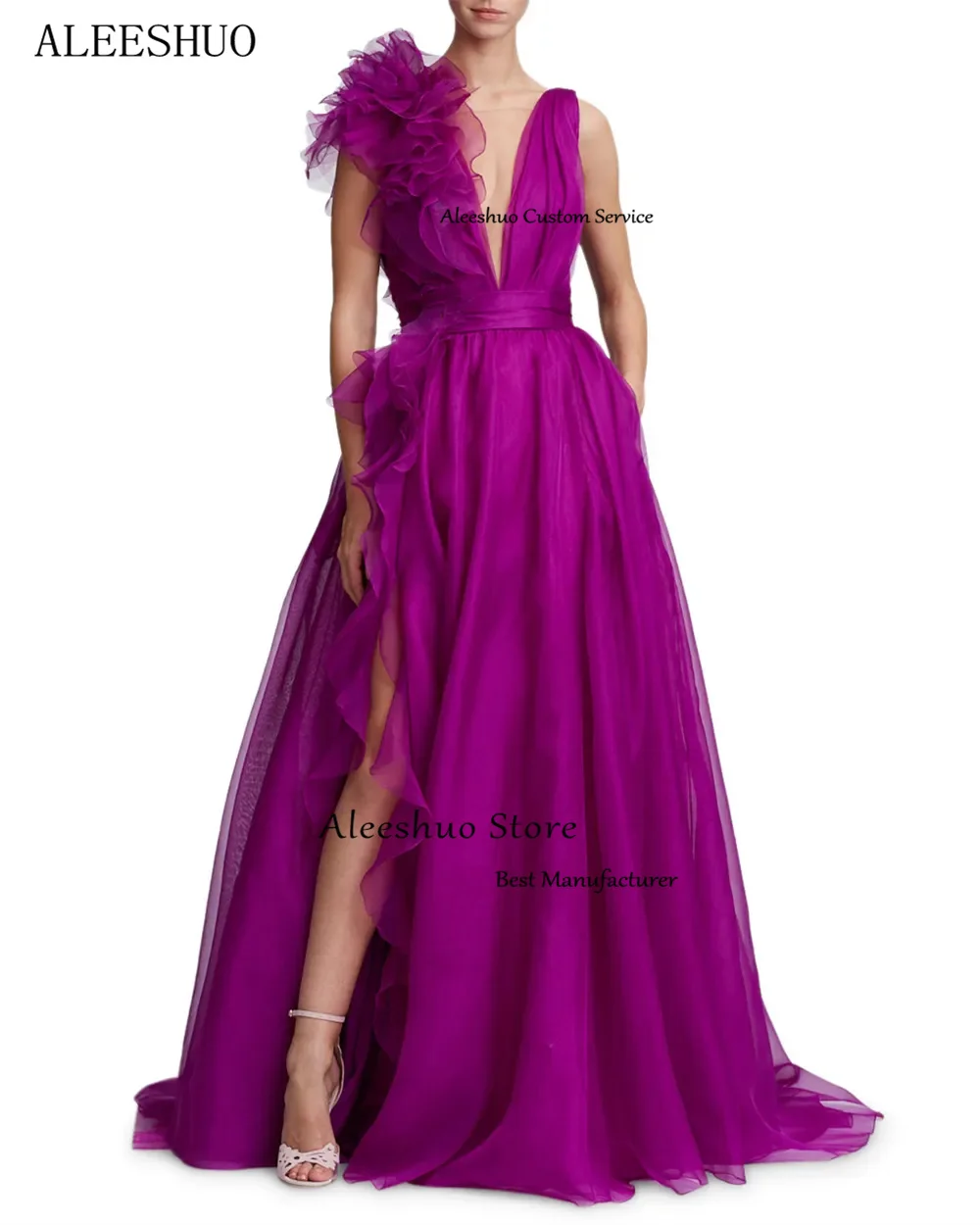 Aleeshuo Purple V-neck Prom Dress Sleeveless Vestido De Novia Organza Prom Gown Hydrangea Ball Party Dress فستان سهرة Open Back