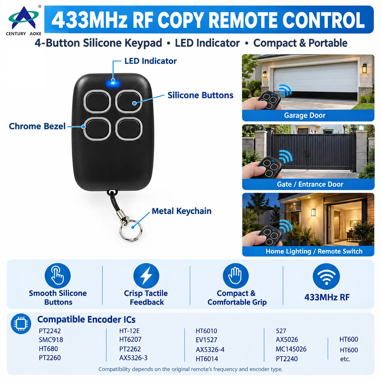 433MHz Copy Code Gate Remote Control 4 keys Garage Door Controls Learning Fixed Code RF Remote  For Lighting Wireless Switch
