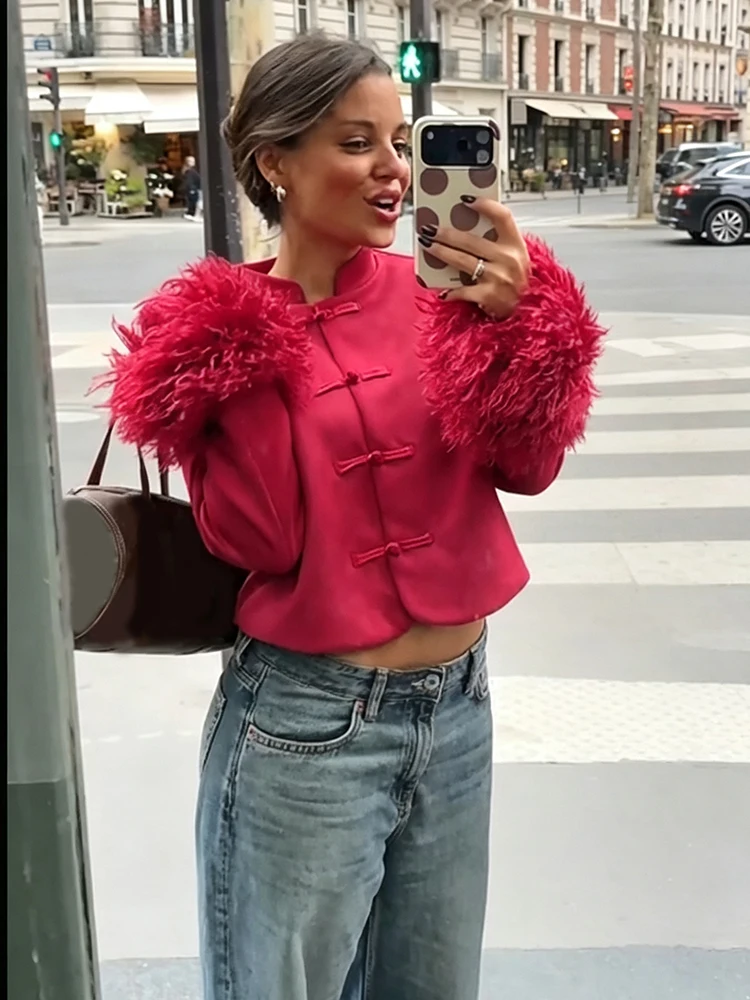 Vintage Damen Cropped Jacke mit Flauschigem Pelzmanschetten-Design, Kleiner Stehkragen, Einreihig, 2026 Neues Herbst-Winter-Street-Outfit – Detail 9