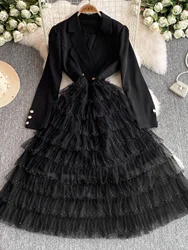 Light Luxury Autumn Winter Shiny Beaded Suit Coat Dress Women Layer Ruffles Cake Dresses Office Lady Long Sleeve Midi Vestidos