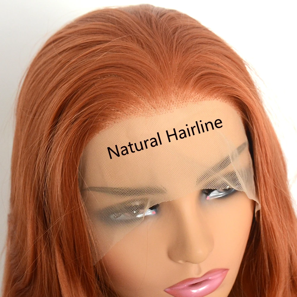 女性用合成レースフロントウィッグ,生姜オレンジ,耐熱繊維,天然ヘアライン,コスプレ,ウェーブ