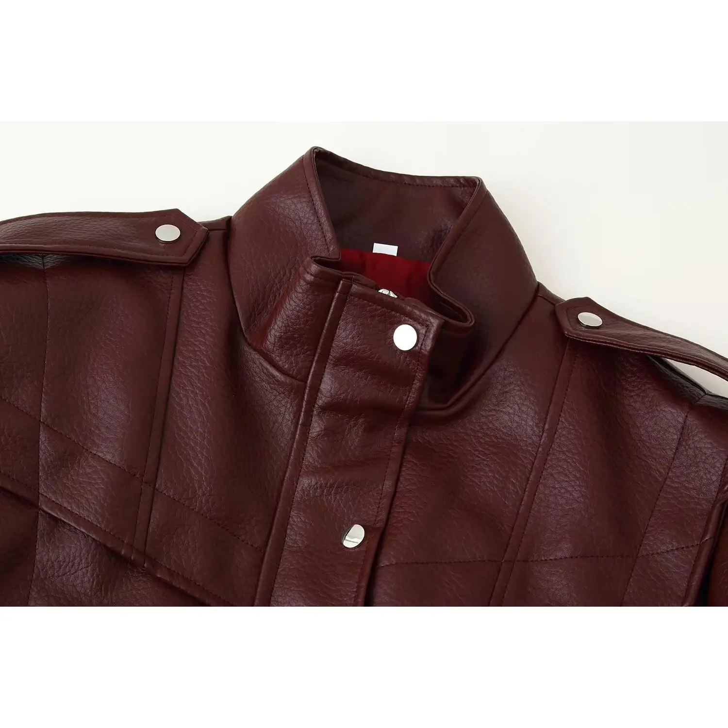 KASLEAD New Women's High-End Tri-Color Litchi-Skin Stand-Collar Leather Jacket Long Sleeve Short Length Polyester Fiber