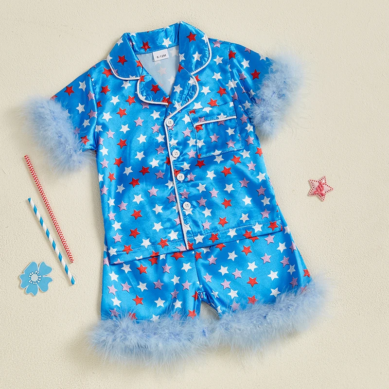 Women s Patriotic Fourth of July Pajama Set with Short Sleeve Star Print Button Down Shirt and Shorts - Sleepwear Set for