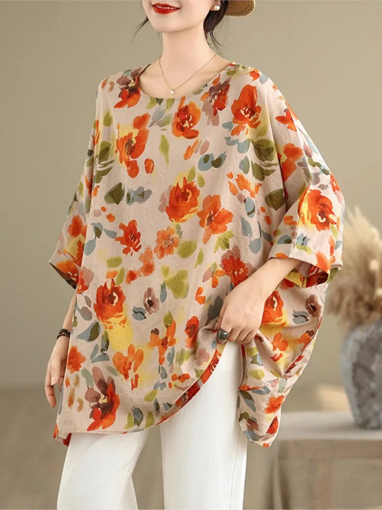Ponadgabarytowe letnie koszulki damskie kwiatowy kwiatowy nadruk modne bluzki damskie z półrękawem Casual luźne koszulki damskie