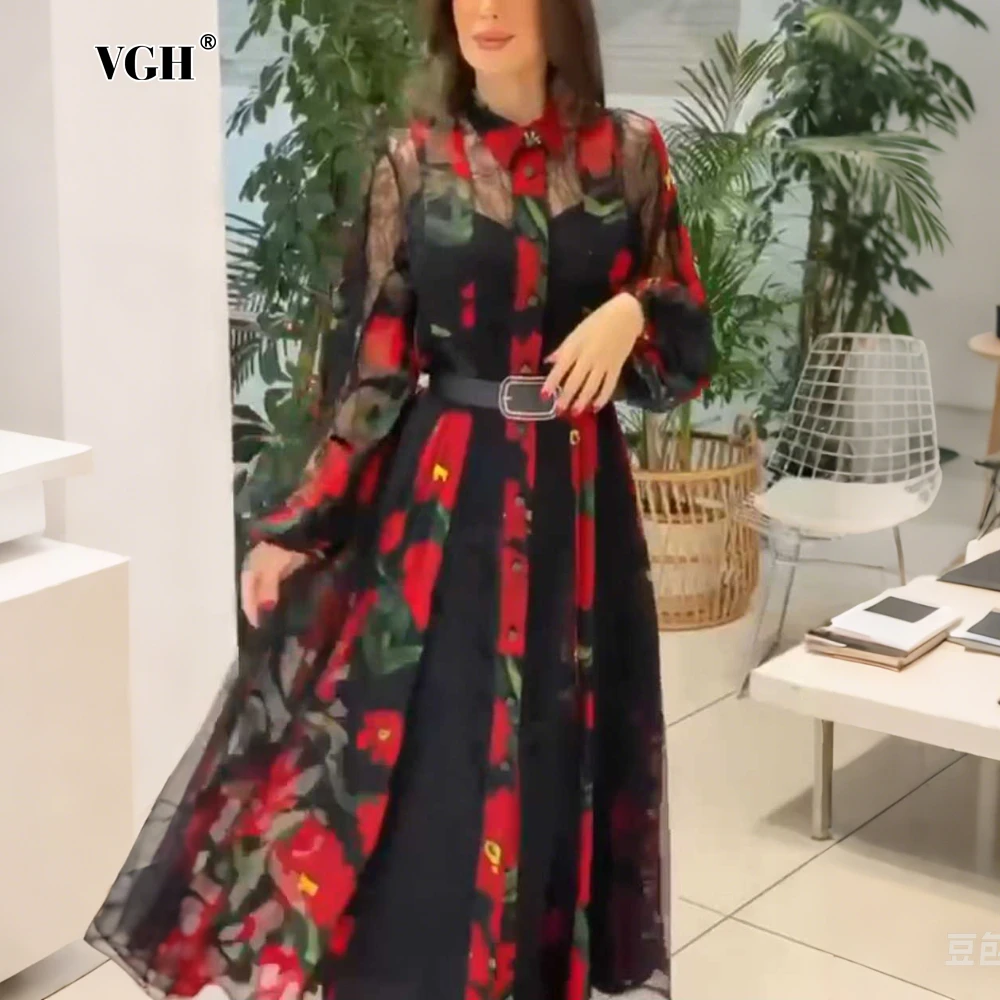 VGH Colorblock Floral Printing Dresses for Women Lapel Lantern Sleeve High Waist Spliced Single Breasted Elegant Dress Female