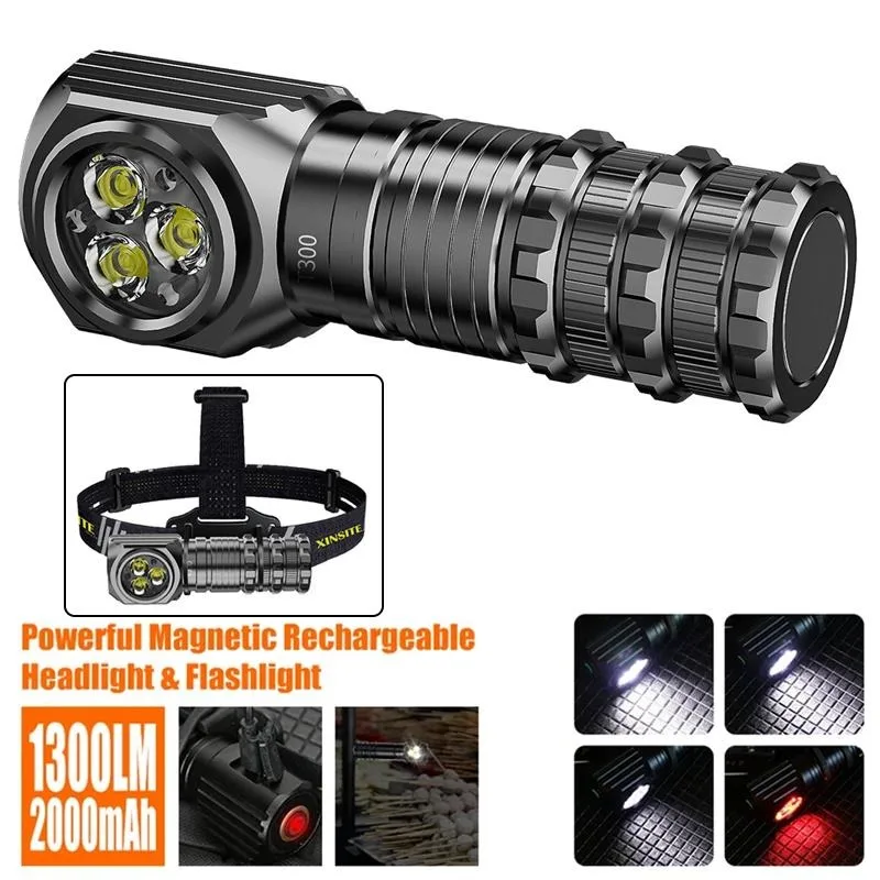 Rechargeable Headlamp 1300LM Super Bright Head Torch 2000mAh Outdoor Camping Flashlight 7 Modes Waterproof Emergency Headlight