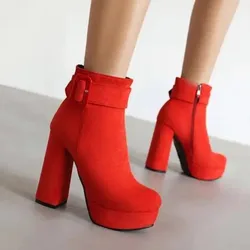 2025 Sexy Women Ankle Boots Round Toe Block Heels 12cm Platform Zipper Belt Buckle Flock Suede Plus Size 45 46 Party Bota