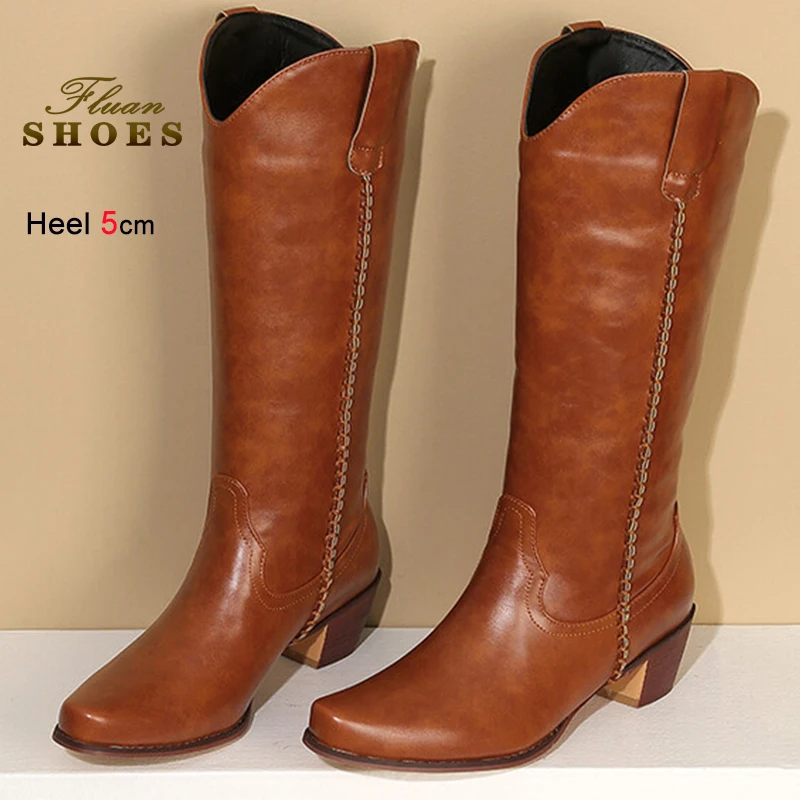 

New Spring Fall Winter Brown Women's Knight Boots Square-toe Knee High Boots Chunky Heels 5cm Ladies Boots Casual Leather Shoes