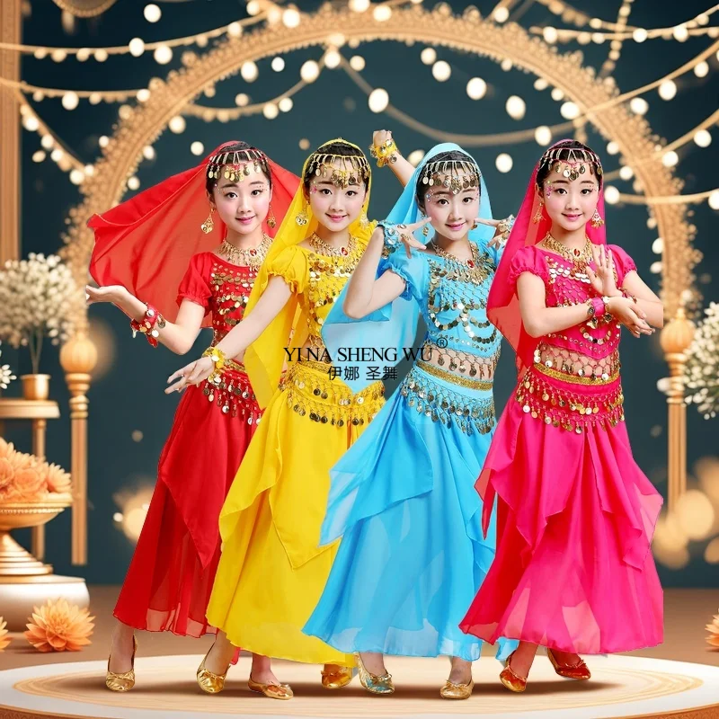 مجموعة أزياء الرقص لغطاء الرأس، فستان الأميرة الملون، أزياء الرقص الشرقي، تصميم الأزياء المتألقة، ملابس الفتيات الهندية للأطفال #3