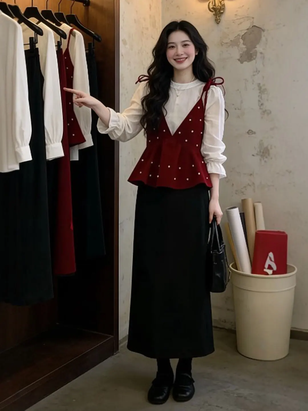 

Red irt And Pants Set Gentle Sle Two-Piece Suit Youthful Spring Outfit Comfortable Cotton Long Sve High Waist Pants