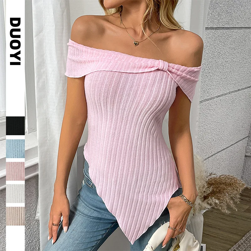 

European and American New2025Summer New Women's Slim Off-Shoulder Sexy Sweet ToptT-shirt