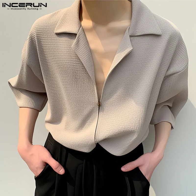 Fashion Casual Style Tops INCERUN New Men\'s Zipper Design Blouse Streetwear Male Solid Simple V-neck Short Sleeved Shirts S-5XL