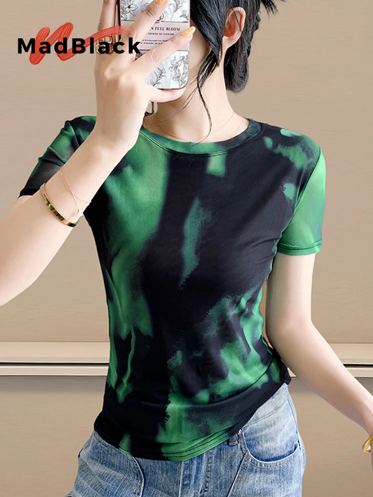 

MadBlack-Женская европейская футболка, сексуальный принт с круглым вырезом, клубная одежда, тонкая сетчатая футболка с короткими рукавами S-3XL, лето 2021, T57670CC