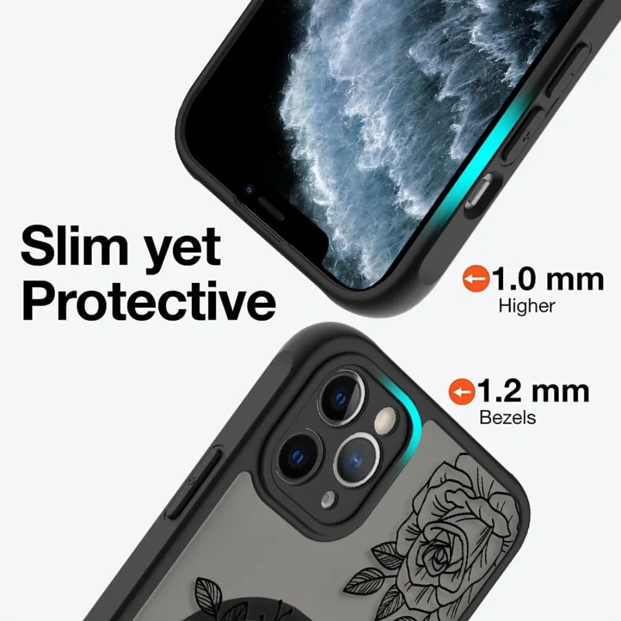 حافظة مغناطيسية رفيعة شفافة غير لامعة مع نمط وردة زهرة سوداء لهاتف iPhone 11 Pro Max 6.5 - متوافقة مع MagSafe Enhance