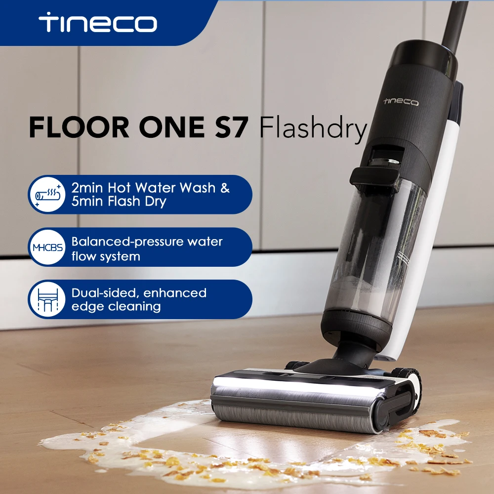 Tineco FLOOR ONE S7 FlashDry Smart Cordless Wet Dry Vacuum for Sticky Messes 158℉Hot Air Flash Drying Dual-sided Edge Cleaning