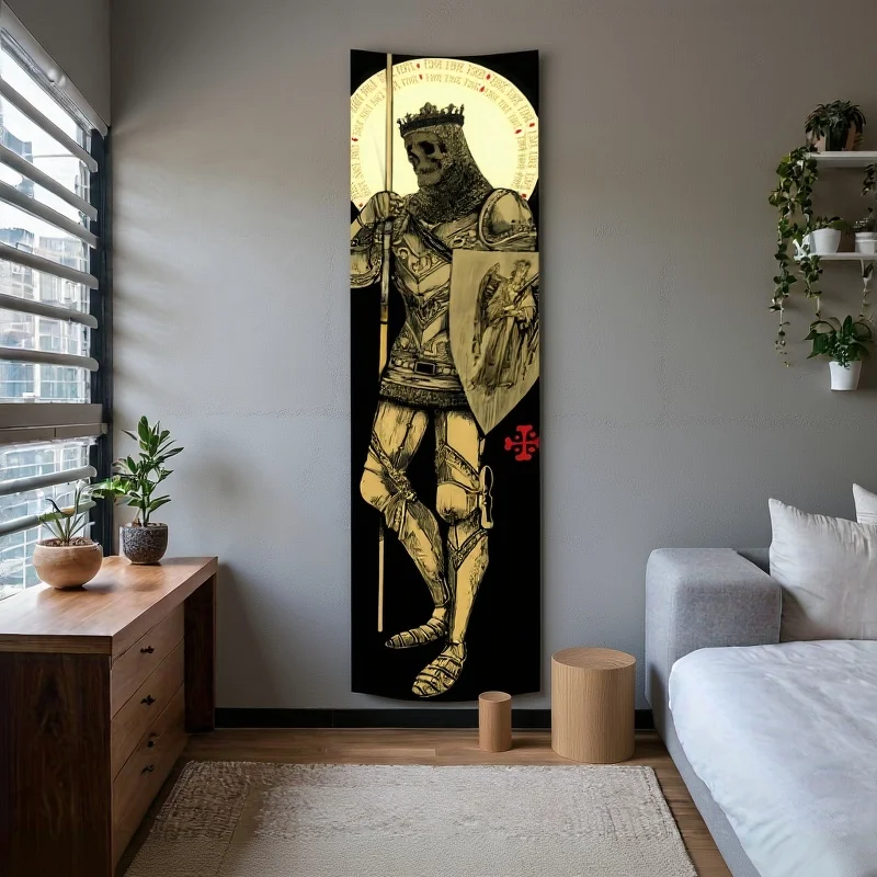 Knight Angel Vertical Banner Tapestry Wall Hanging Medieval Armor Long Narrow Wall Tapestry Golden Aesthetic Art Tapestries
