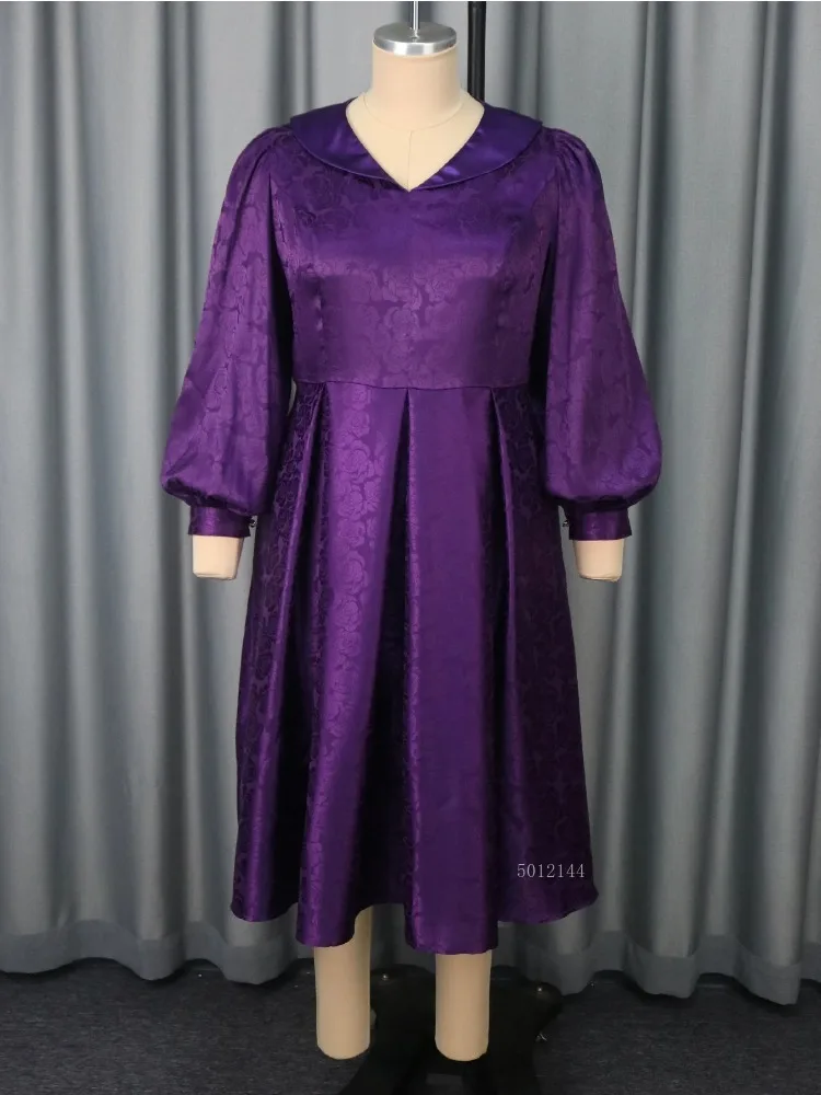 여성 고급스러운 샤이니 자카드 새틴 미디 드레스 턴다운 칼라 랜턴 소매 플리츠 우아한 이브닝 파티 웨딩 게스트 가운