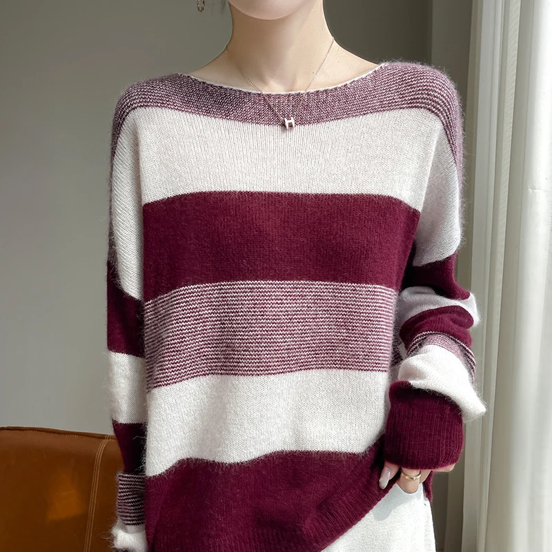 100% Pure Woolen Sweater Line Collar Women's Striped Matching Color Loose Lazy Style Knitted Bottom Shirt Long Sleeve Top Jumper