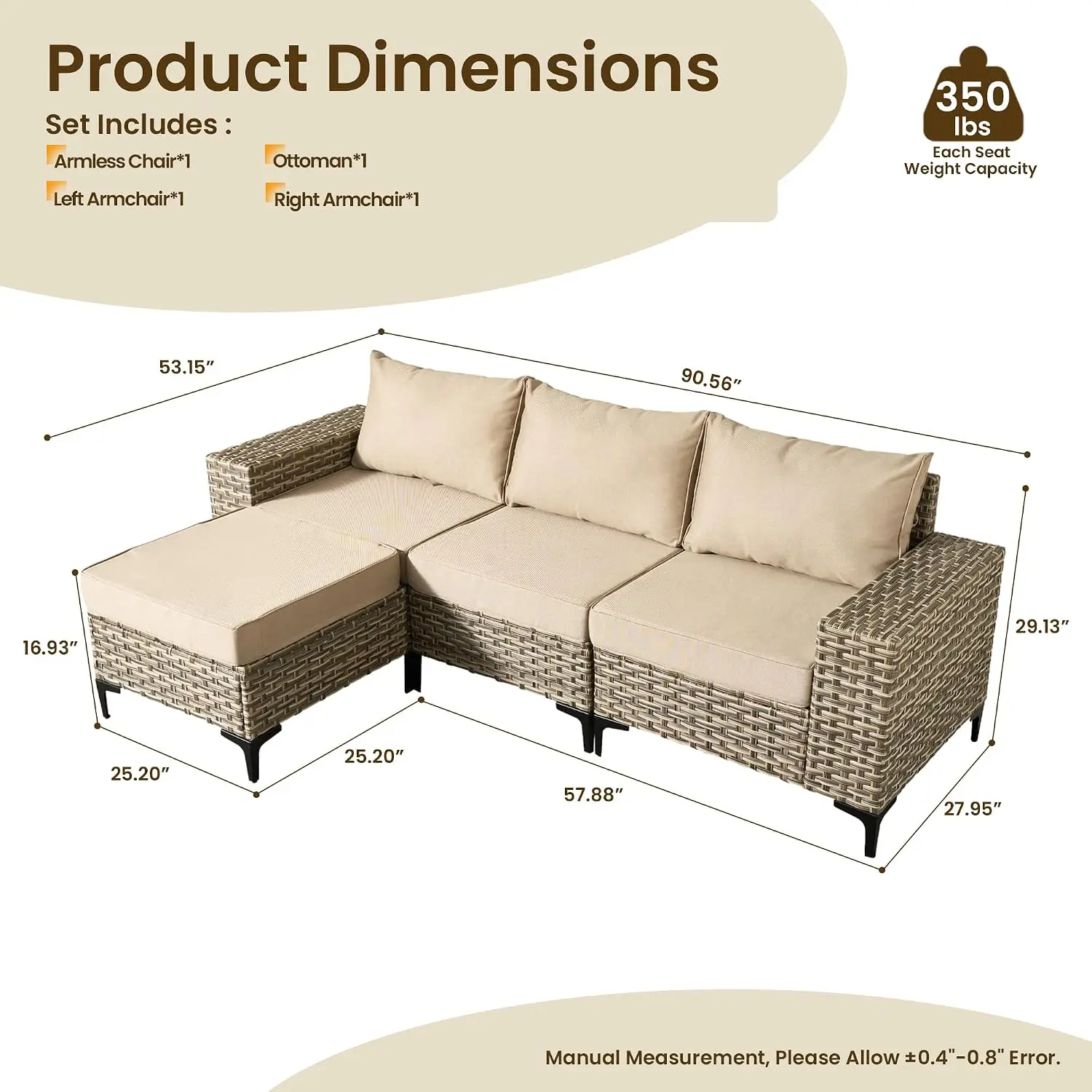 Patio Wicker Sofa Set 4 Pieces Outdoor Sectional With Coffee Table For Balcony Backyard Poolside Garden Lawn, Customized