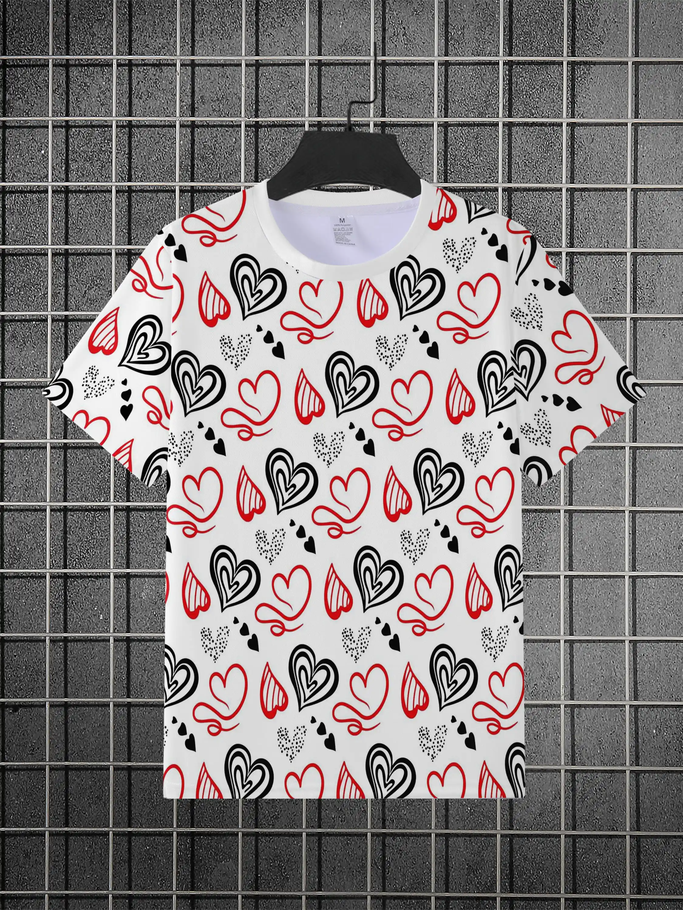 Men White Base Red Black Line Heart Print T-shirt O-neck Short Sleeve Romantic Casual Street Tops